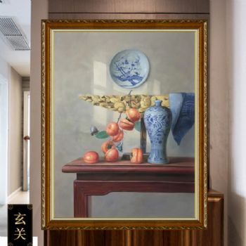 纯手绘油画新中式青花瓷写实油画寓意平安吉祥静物超写实油画