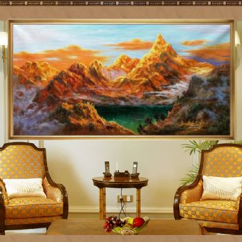 金山系列聚宝盆玄关油画纯手绘山水油画新中式挂画