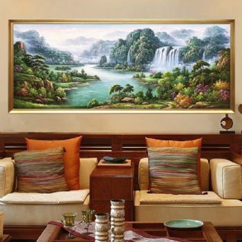 聚宝盆风水山水风景油画新中式客厅大厅酒店挂画