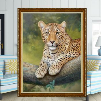 精品金钱豹动物写实油画纯手绘新中式客厅玄关挂画