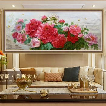 精品新中式写实牡丹油画纯手绘花卉油画客厅挂画