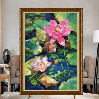 纯手绘花卉油画荷花图和气生财家大业大新中式油画