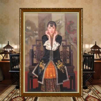 纯手绘人物油画新中式美女人物油画客厅挂画实木画框