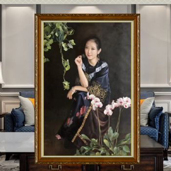 新中式古典古装人物油画纯手绘写实美女油画