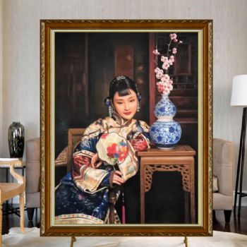 中式人物油画纯手绘美女人物油画古典风服饰油画