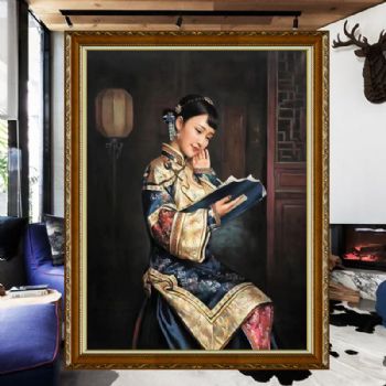 正在阅读的美女人物油画新中式人物油画纯手绘写实油画