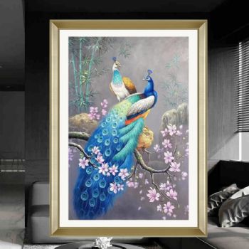 新中式动物油画纯手绘孔雀油画喜上枝头幸福如意玄关客厅油画