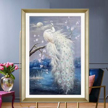 白月光孔雀写实油画纯手绘动物油画精品孔雀油画