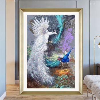 游龙戏凤高品质手绘动物油画吉祥孔雀油画客厅挂画