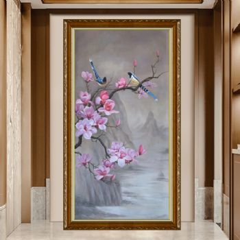 新中式喜上枝头玉兰花玄关纯手绘油画