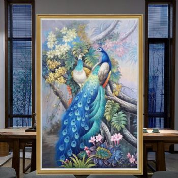 精品写实孔雀油画纯手绘动物油画适合客厅的动物油画