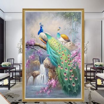 新中式动物写实油画纯手绘孔雀油画吉祥富贵鸟实木画框