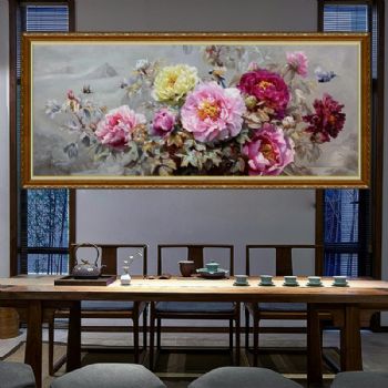 精品写实新中式牡丹油画纯手绘花开富贵花卉油画实木画框