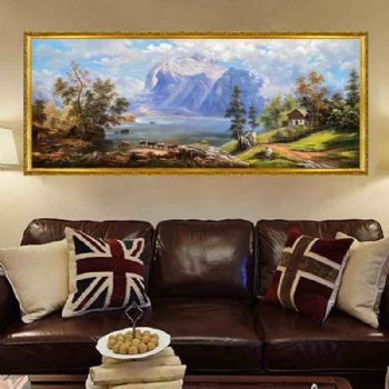 山脚下的木屋欧式古典风景油画纯手绘山水风景油画