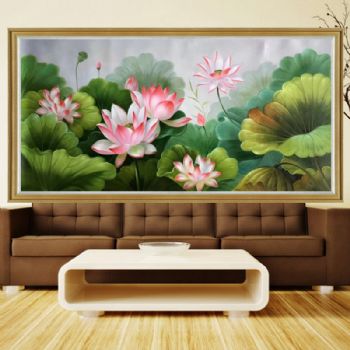 和气生财家大业大新中式客厅餐厅手绘荷花油画