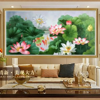 新中式花卉油画纯手绘荷花风景油画实木画框