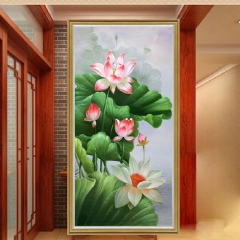 手绘花卉油画荷花池塘风景油画玄关油画
