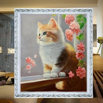 窗前的一只小猫纯手绘油画动物写实油画实木画框