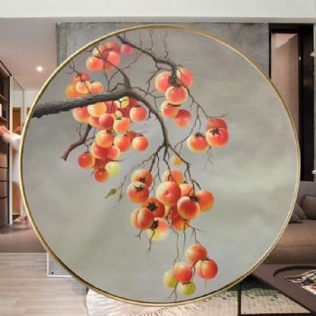 圆形写实油画纯手绘油画柿子图事事如意铝合金外框