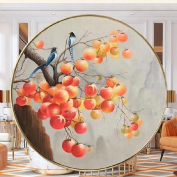 喜上枝头圆形写实油画纯手绘油画喜鹊柿子图事事如意铝合金外框