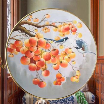 喜事连连事事如意新中式客厅圆形油画纯手绘油画柿子图