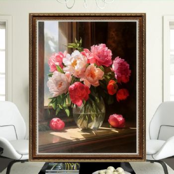 窗前的花卉油画作品欧式古典精品纯手绘花卉油画