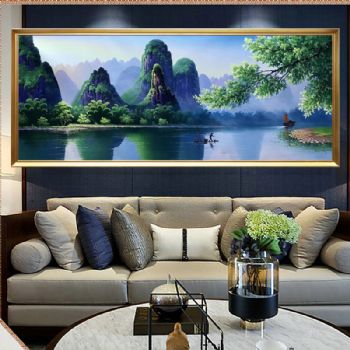 纯手绘山水风景油画桂林漓江风景油画实木画框