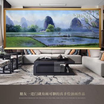 桂林山水耕田劳作风景如画纯手绘山水油画实木画框