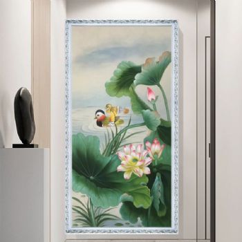 鸳鸯荷花池风景油画卧室走道挂画纯手绘风景油画