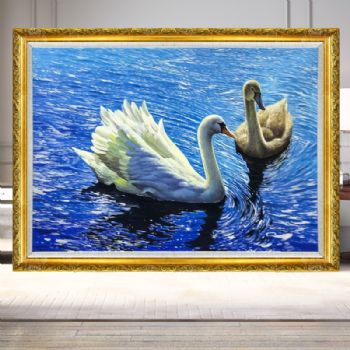 精品写实动物油画天鹅湖风景油画纯手绘油画实木画框