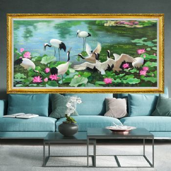 仙鹤荷花池风景油画纯手绘新中式客厅挂画实木画框