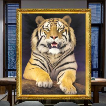 精品动物写实纯手绘油画老虎图王者风范实木画框