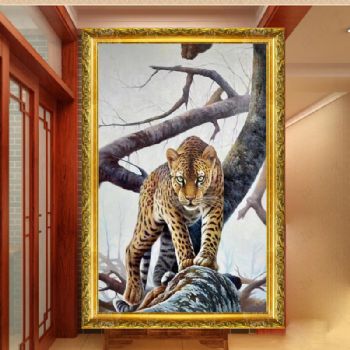 动物写实精品纯手绘油画金钱豹豹子图实木画框