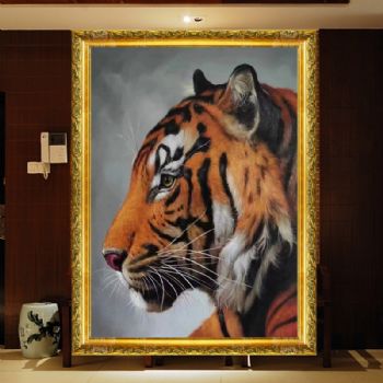 老虎虎头王者风范镇宅避邪动物写实油画纯手绘油画实木画框