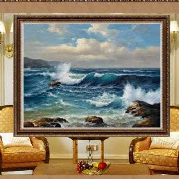 纯手绘海浪风景油画适合办公室茶室的风景油画
