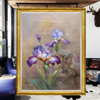 精品紫茑花纯手绘写实花卉油画茑尾花实木画框