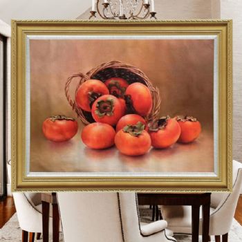 一框好事纯手绘写实静物油画柿子图事事如意实木画框