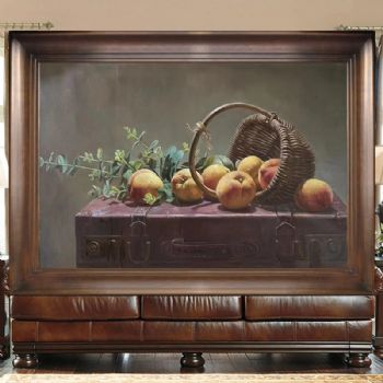 精品静物写实油画收藏油画皮箱上的桃子图实木画框