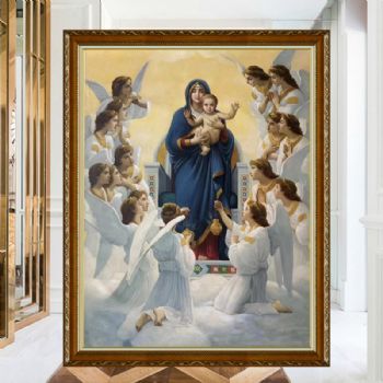 欧式人物油画纯手绘圣母与圣子图客厅挂画写实人物油画