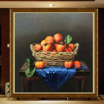 精品写实静物油画纯手绘油画好事一箩框柿子图实木画框