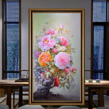 精品花开富贵纯手绘写实牡丹油画玄关花卉油画实木画框