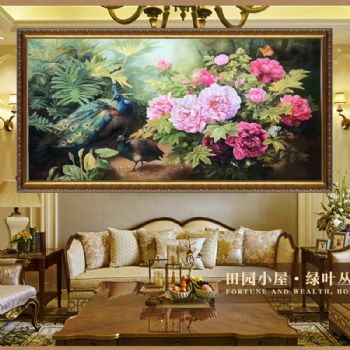 精品写实花鸟油画纯手绘花卉油画牡丹孔雀油画大厅挂画纯手绘精品孔雀牡丹花卉油画