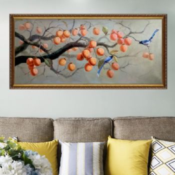 喜上枝头喜鹊柿子图纯手绘写实风景油画新中式喜事连连油画