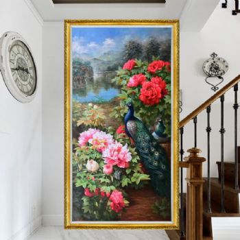 幸福吉祥花开富贵孔雀牡丹精品写实油画纯手绘新中式挂画实木画框
