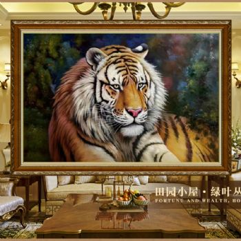 镇宅避邪王者风范纯手绘写实动物油画老虎图办公室大厅油画