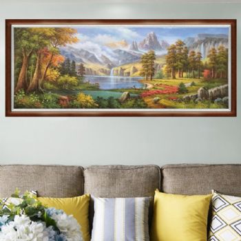 欧式风景油画纯手绘山水画客厅油画大山大树实木画框