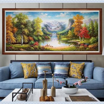 大幅风景油画纯手绘大厅欧式山水风景油画实木画框
