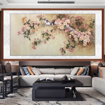 纯手绘水墨工笔国画花鸟国画客厅挂画实木柚木框