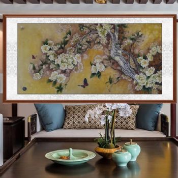 飞上枝头新中式水墨工笔国画客厅挂画花鸟国画柚木画框