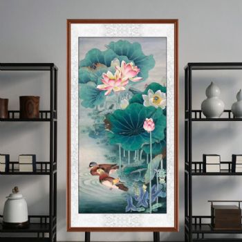 工笔写实水墨国画花鸟画纯手绘荷花鸳鸯图夫妻恩爱和和美美玄关国画荷花鸳鸯图